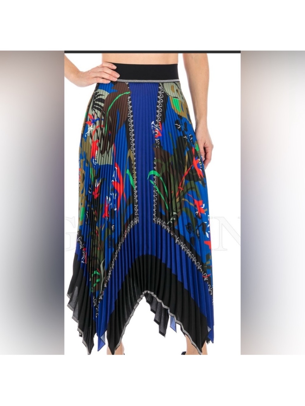 Bold Blue Floral Pleated Midi Skirt
